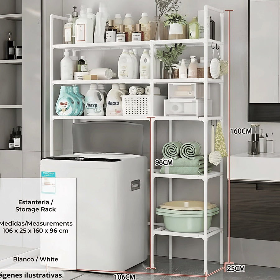 Rack Organizador para Baño y Lavandería – Estantería Multiusos Sobre Inodoro o Lavadora (106x160 cm)