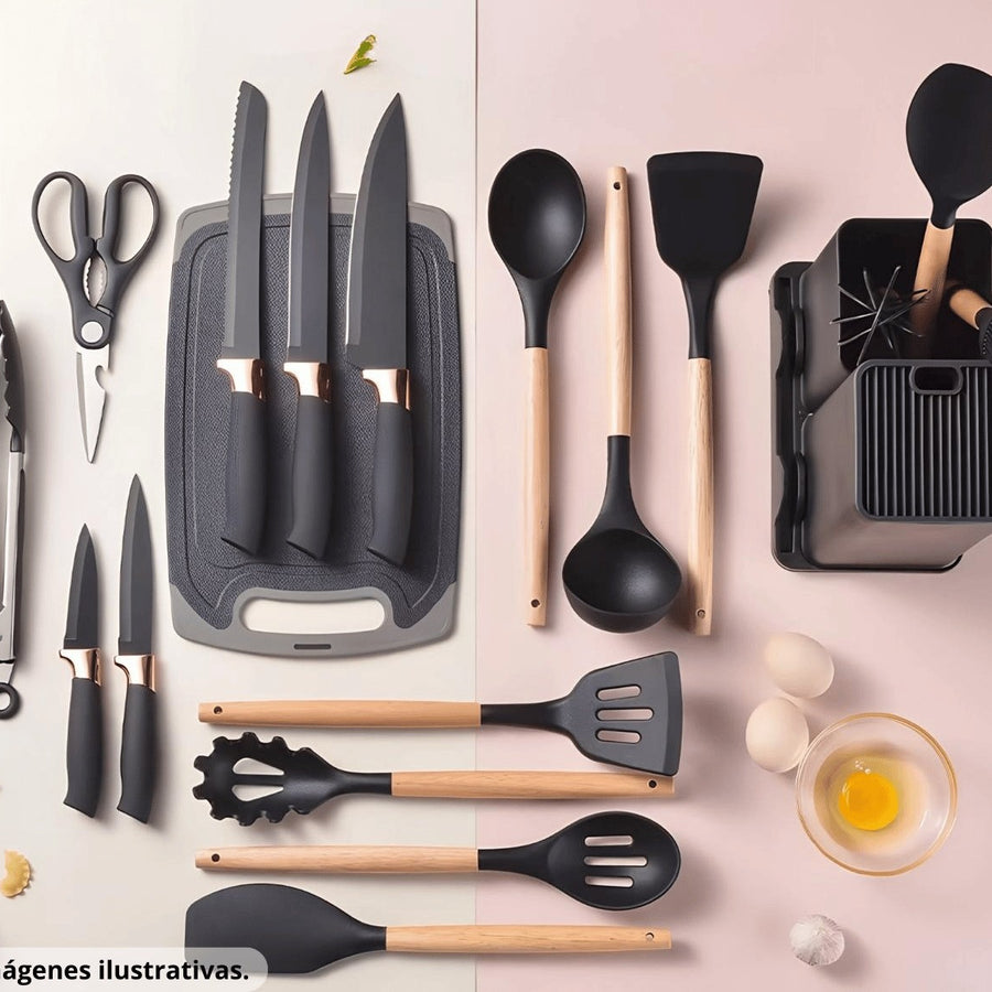 Set de Utensilios de Cocina Premium 19 Piezas | Silicona, Madera y Acero Inoxidable