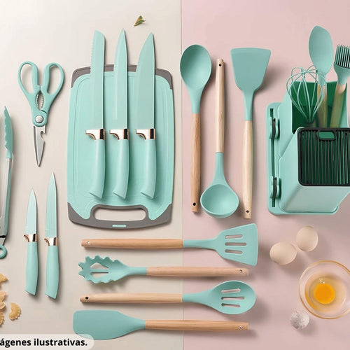 Set de Utensilios de Cocina Premium 19 Piezas | Silicona, Madera y Acero Inoxidable