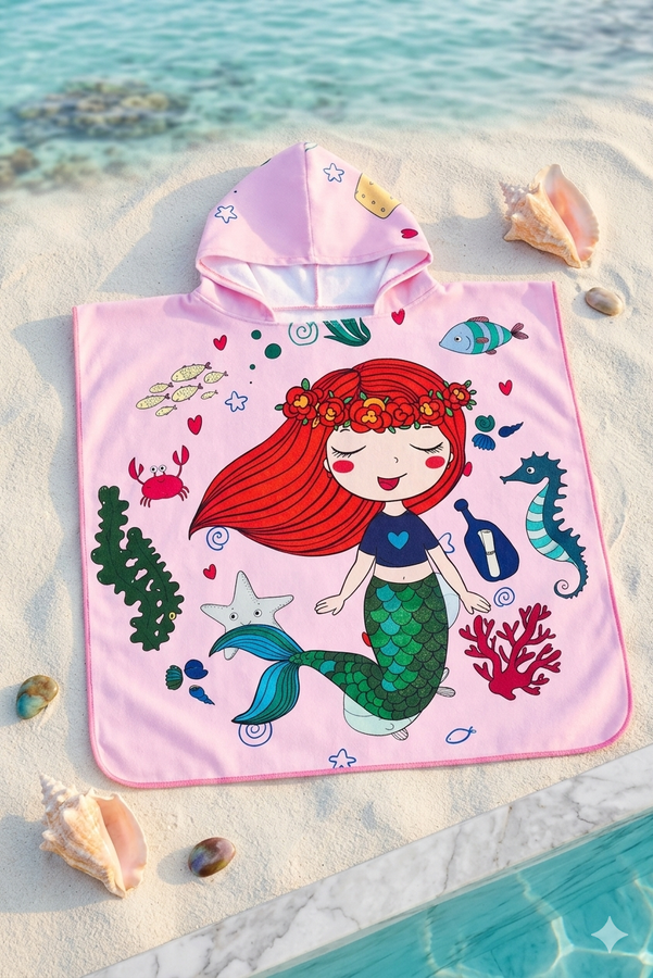 Poncho de Baño para Niña Diseño Sirena Mágica – Toalla con Capucha (60x120 cm)