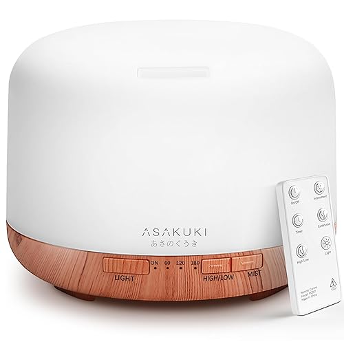 Difusor de Aromaterapia Asakuki 500ml – Humidificador Ultrasónico con Control Remoto y Temporizador
