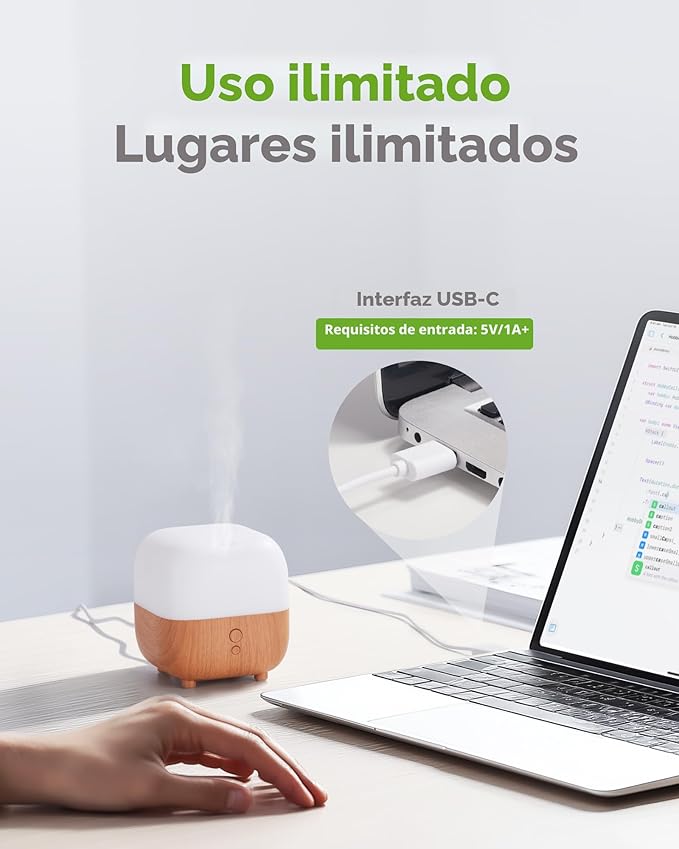 Difusor de Aceites Esenciales InnoGear – Humidificador Portátil USB-C de 150ml con Luces LED
