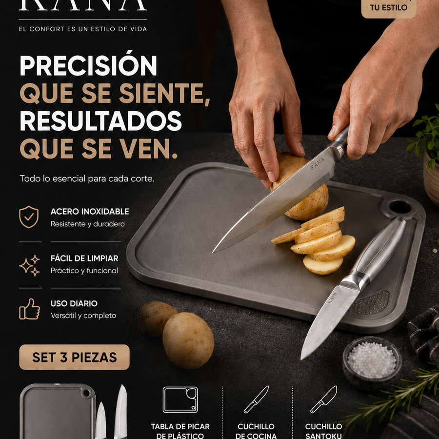 Set Cuchillos + Tabla de Cortar 3 Piezas
