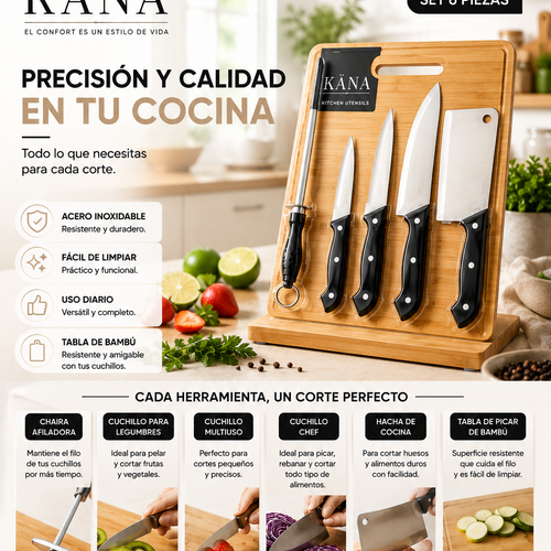 Juego de Cuchillos 6 Piezas con Tabla de Bambú | Acero Inoxidable