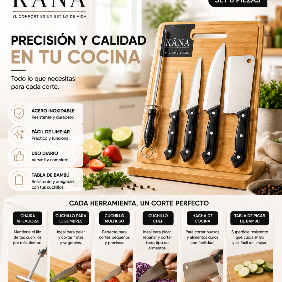 Juego de Cuchillos 6 Piezas con Tabla de Bambú | Acero Inoxidable